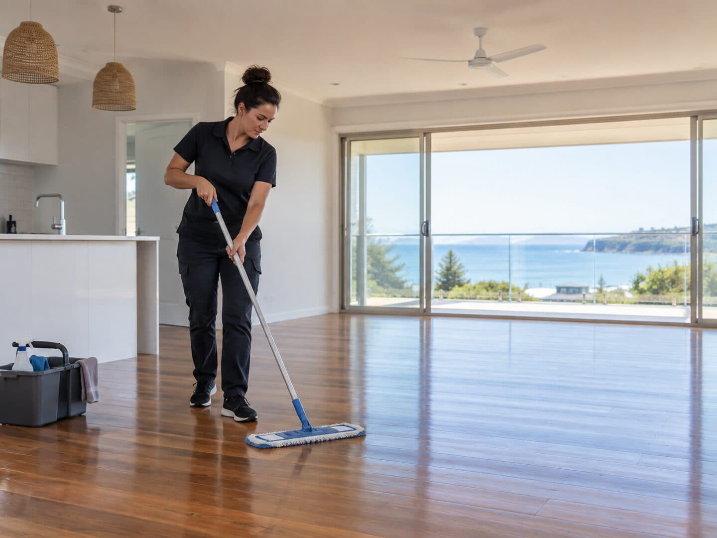 Professional cleaner completing an end of lease clean in an empty Australian rental