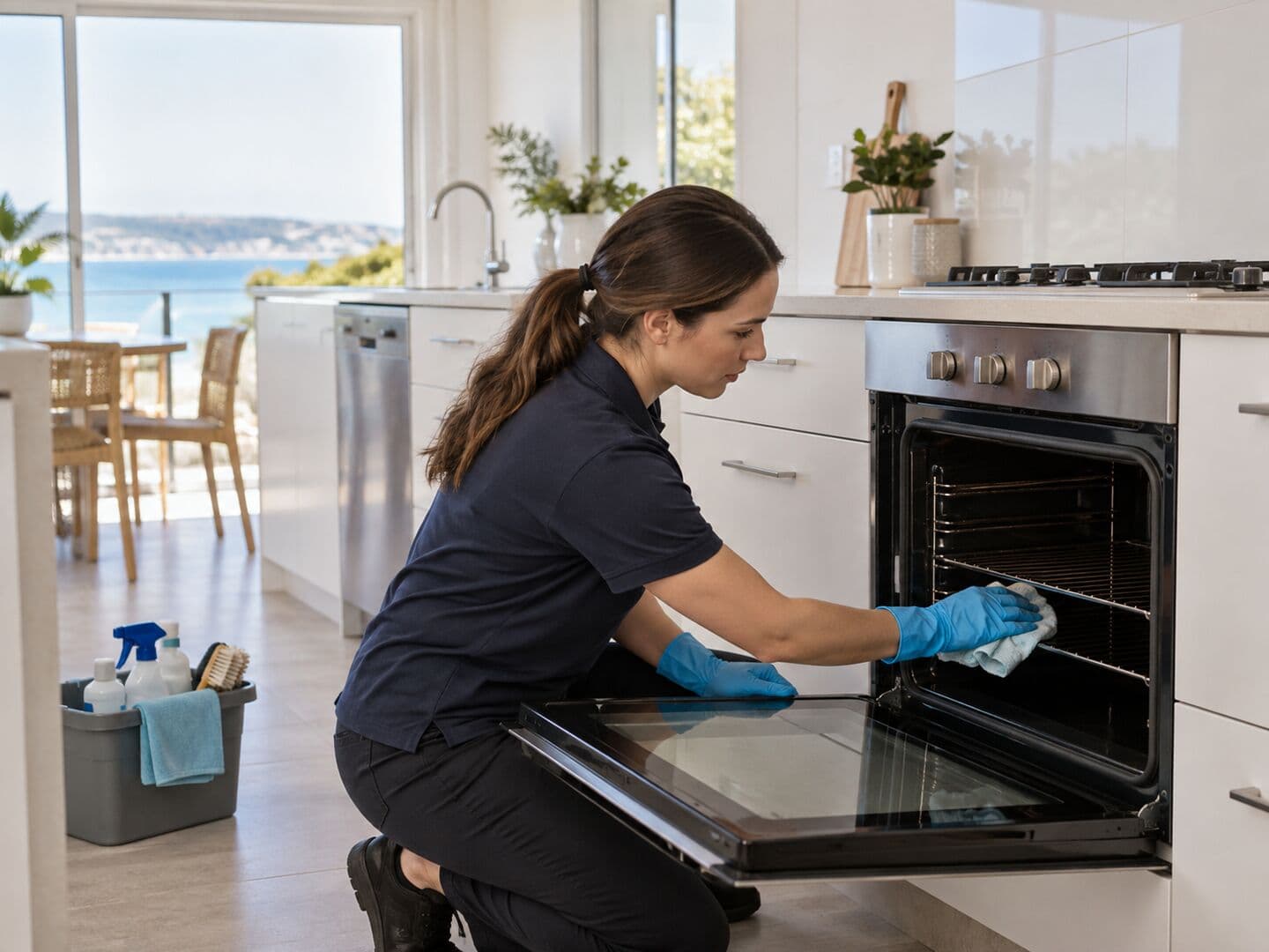 Professional cleaner preparing a rental bathroom for the final inspection