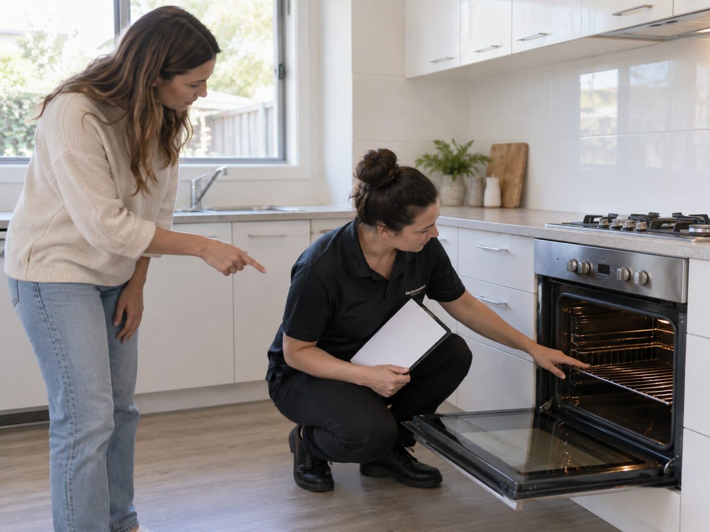 Tenant discussing property access details with an end of lease cleaner