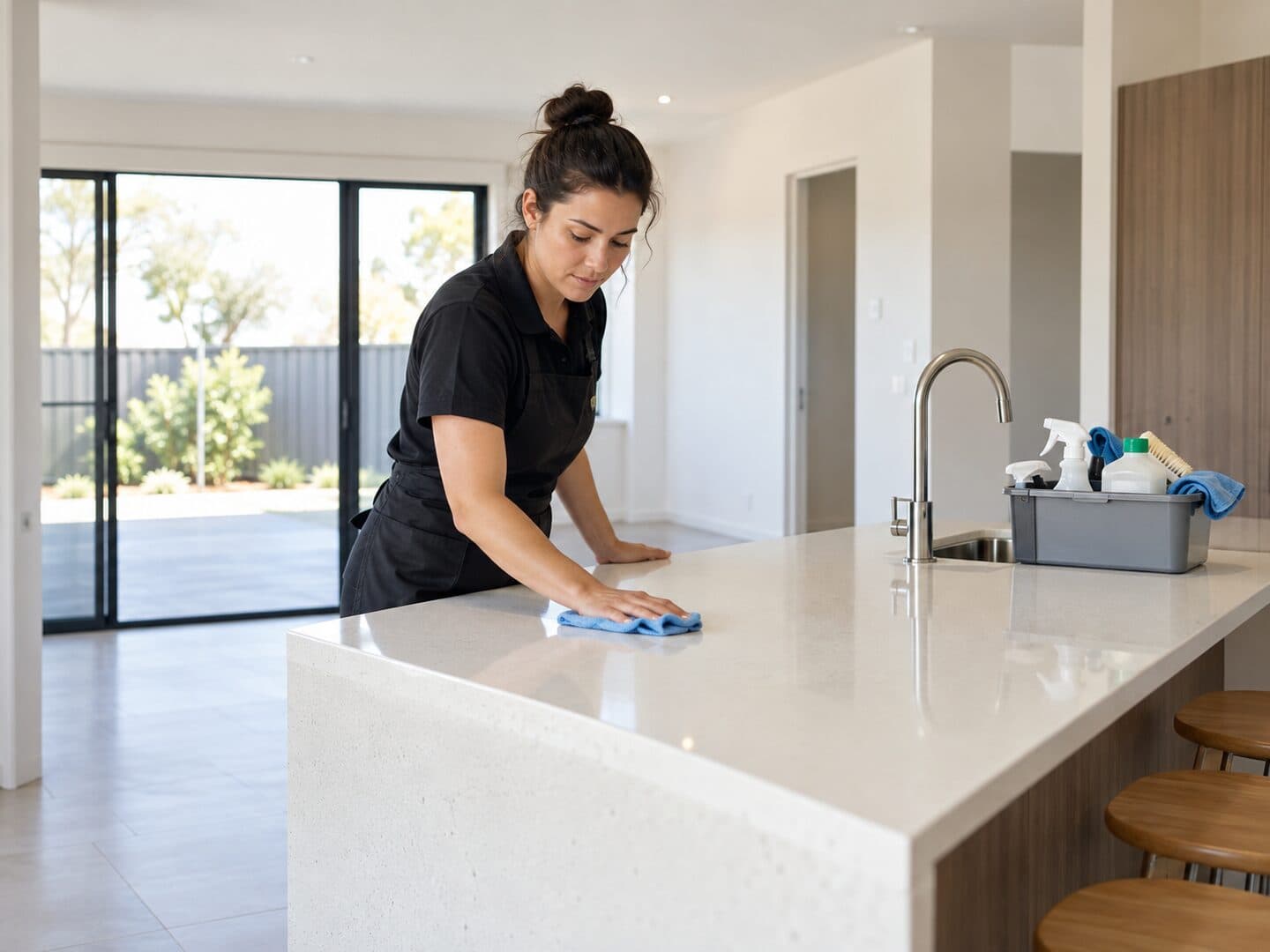 Professional cleaner completing an end of lease clean in an empty Australian rental