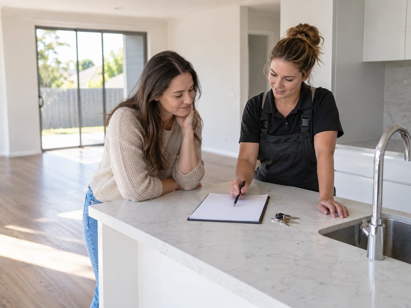Tenant discussing property access details with an end of lease cleaner