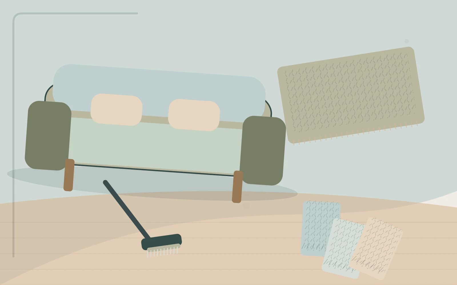Sunlit living room with family-use furniture, hard floor and carpet zones indicated by appropriate everyday tools.