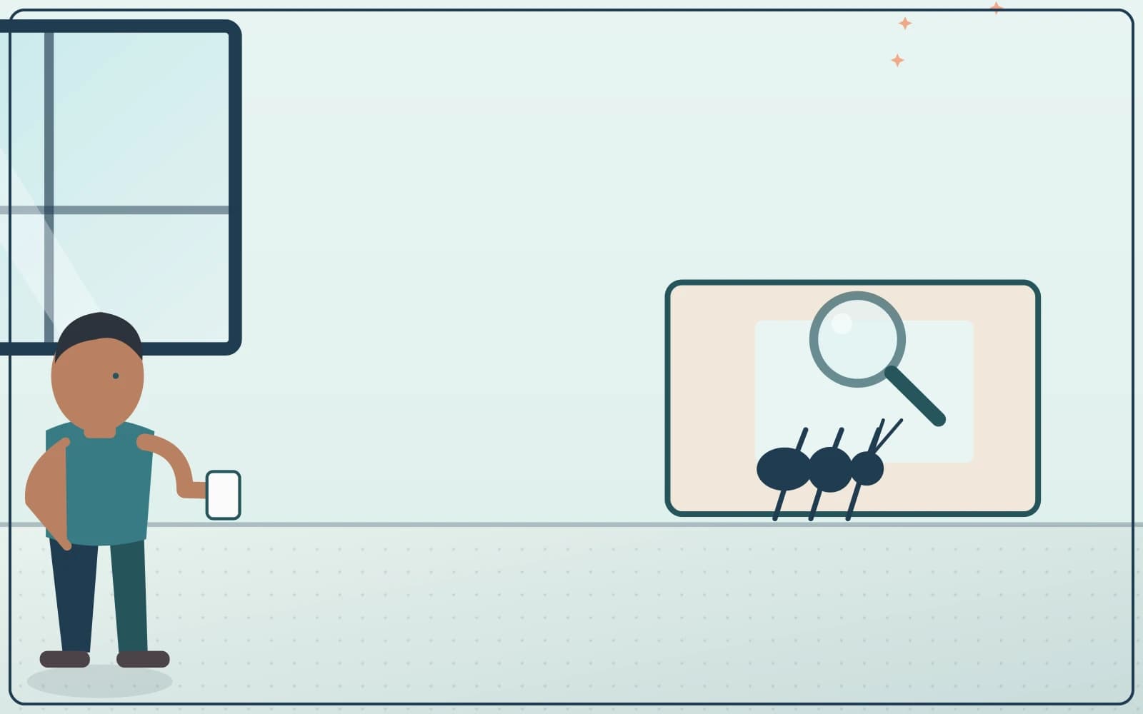 Illustrated pest-inspection scene in a home with safety-first visual guidance