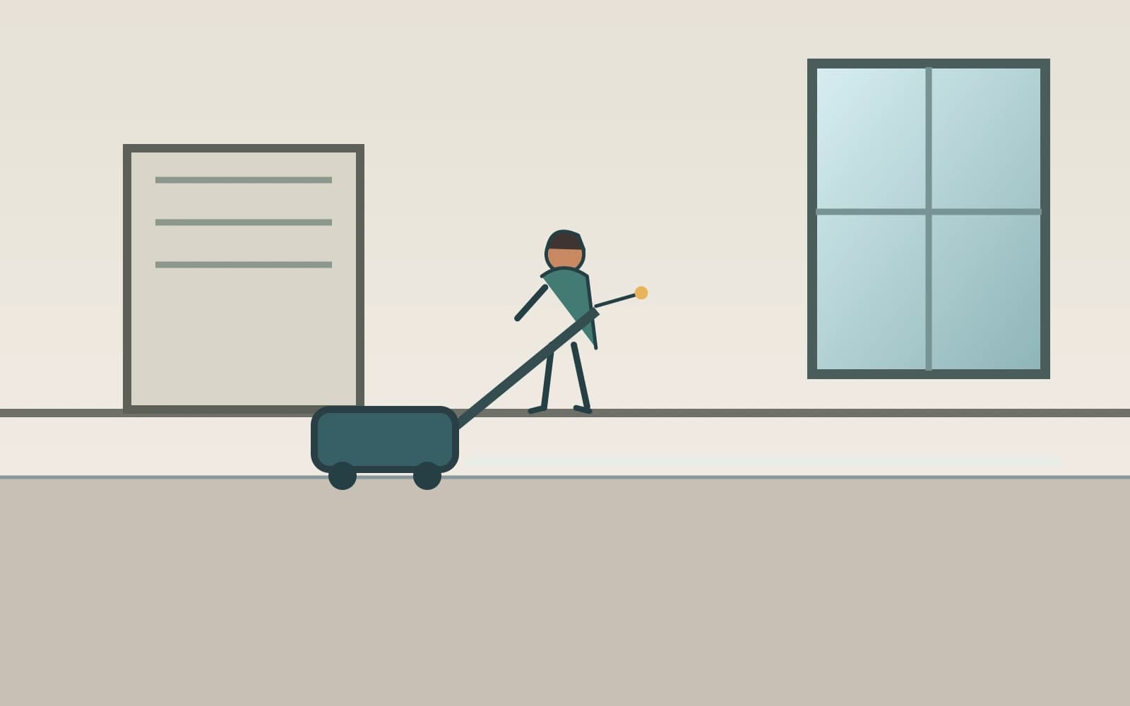 A turnover cleaner vacuums the skirting of an empty rental studio before tenant move-in