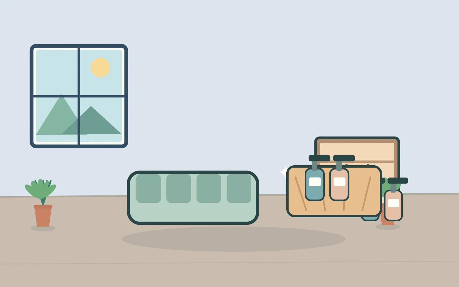 Bright organised living space with room-specific spring-cleaning supplies
