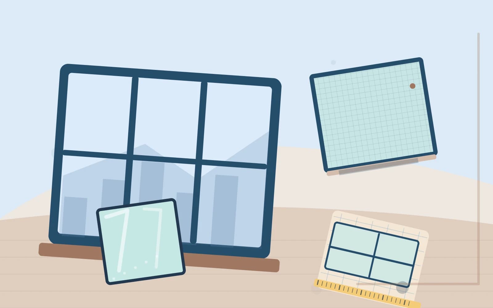 House window assembly with panes, tracks, screens and frame shown in realistic context.