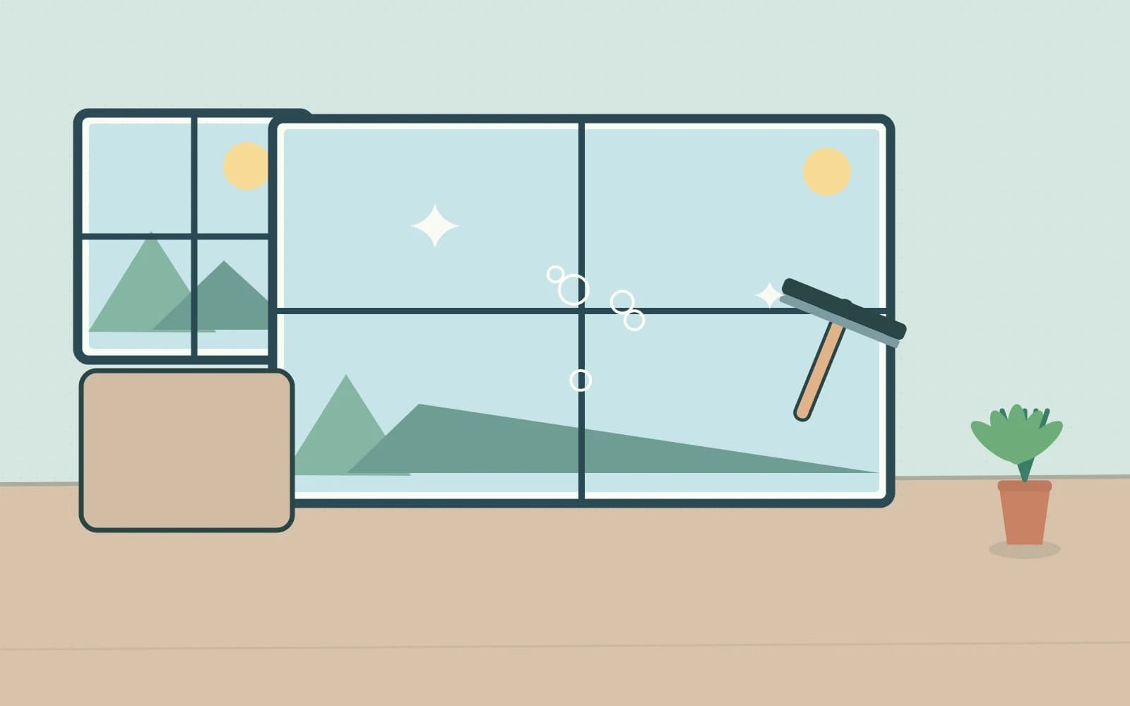 Window glass cleaned with a squeegee and a safe, reachable viewpoint