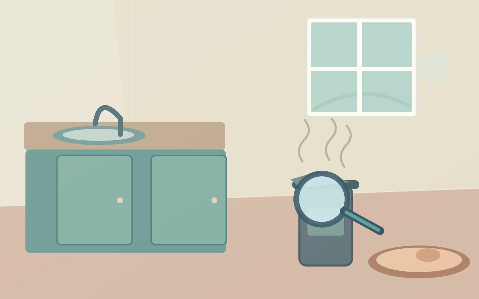 Household odour source inspection showing a kitchen drain, covered bin and pet bedding