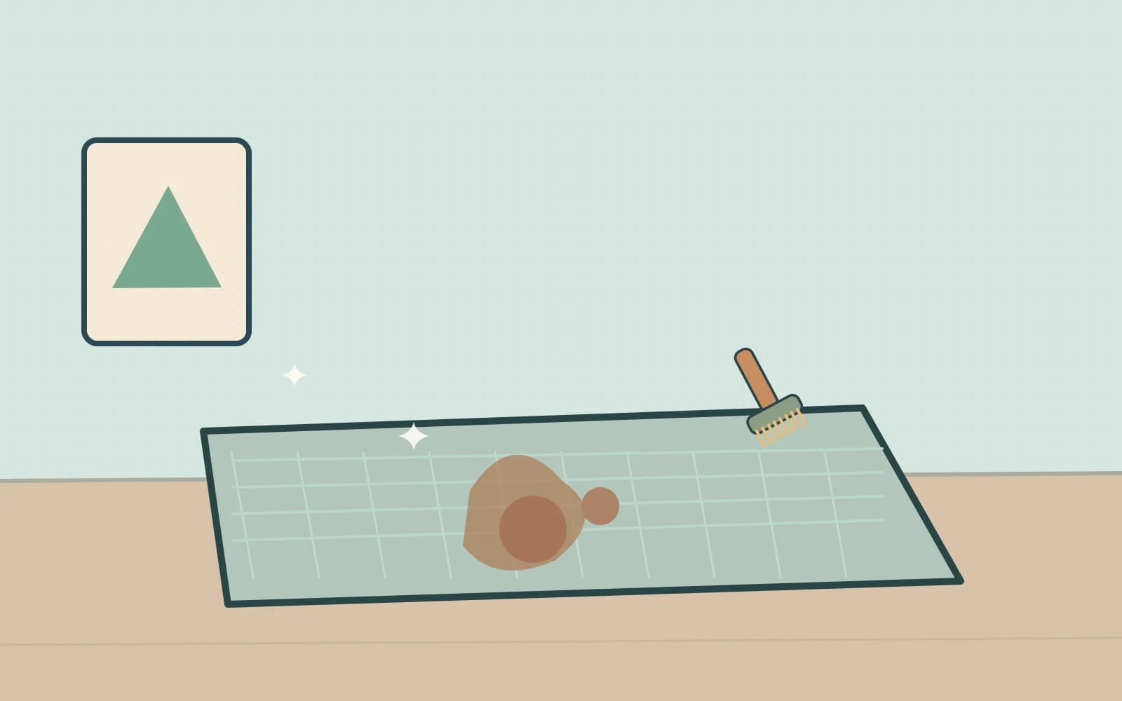 Carpet fibres, cleaning tool and inspection details shown in a room