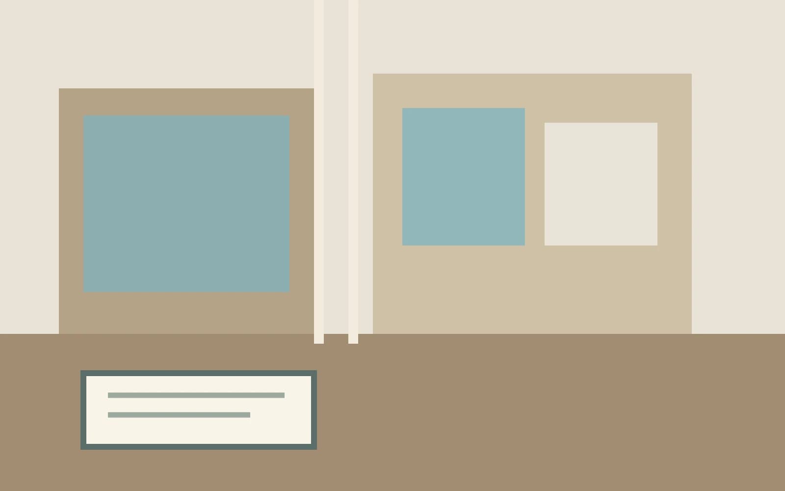 A shared rental hallway separating a private room from a common kitchen with records nearby