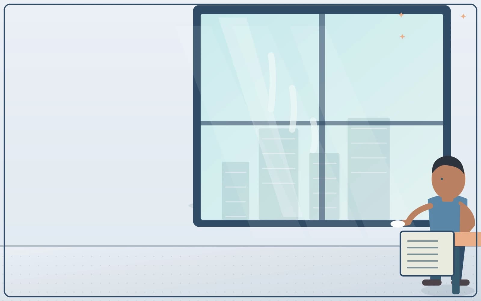 Window glazing with reflections and a cleaner beside it