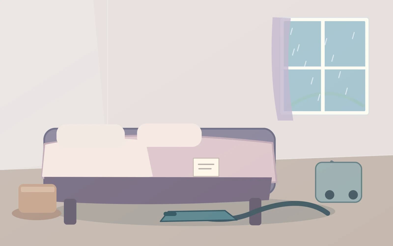 Winter bedroom with refreshed bedding, rainy window and a vacuum cleaning reachable space beneath the bed