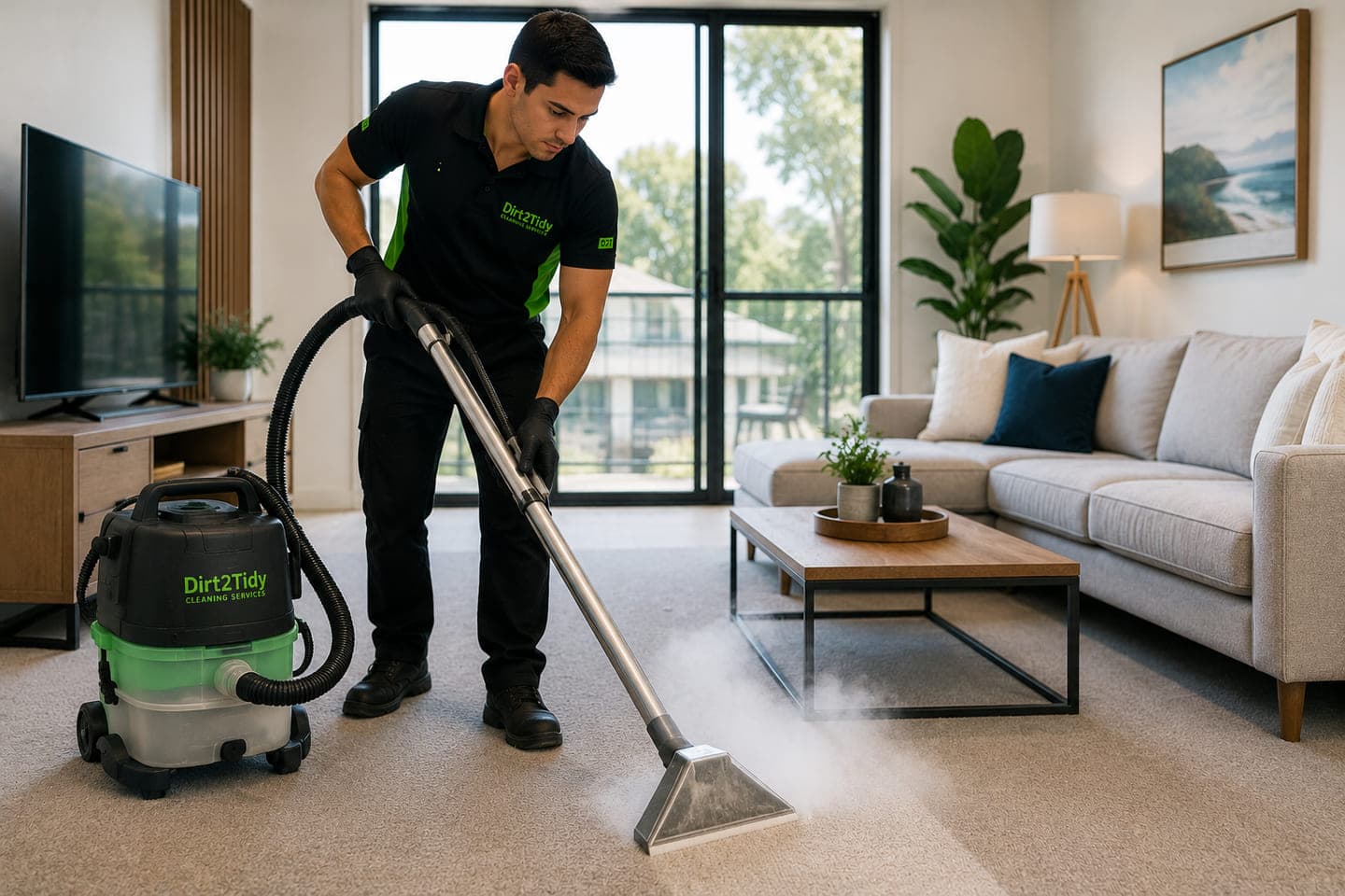 Carpet steam cleaning treatment in an Australian living room