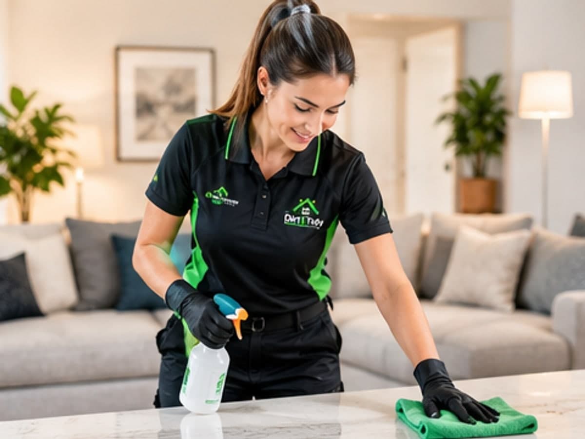 House cleaner tidying an Australian family home