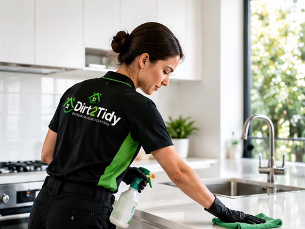 Professional cleaner performing end of lease cleaning in a bright Australian rental