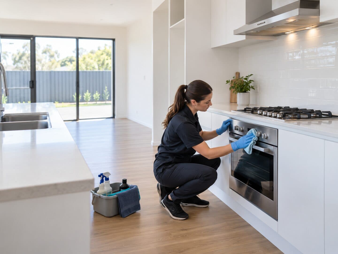 Professional cleaner completing an end of lease clean in an empty Australian rental