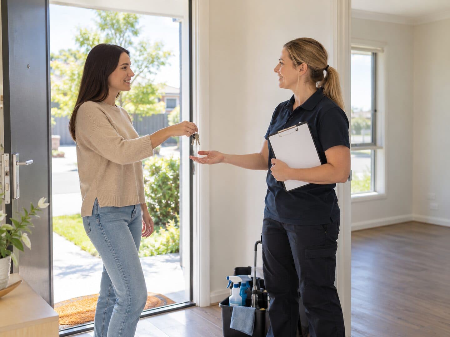 Tenant discussing property access details with an end of lease cleaner