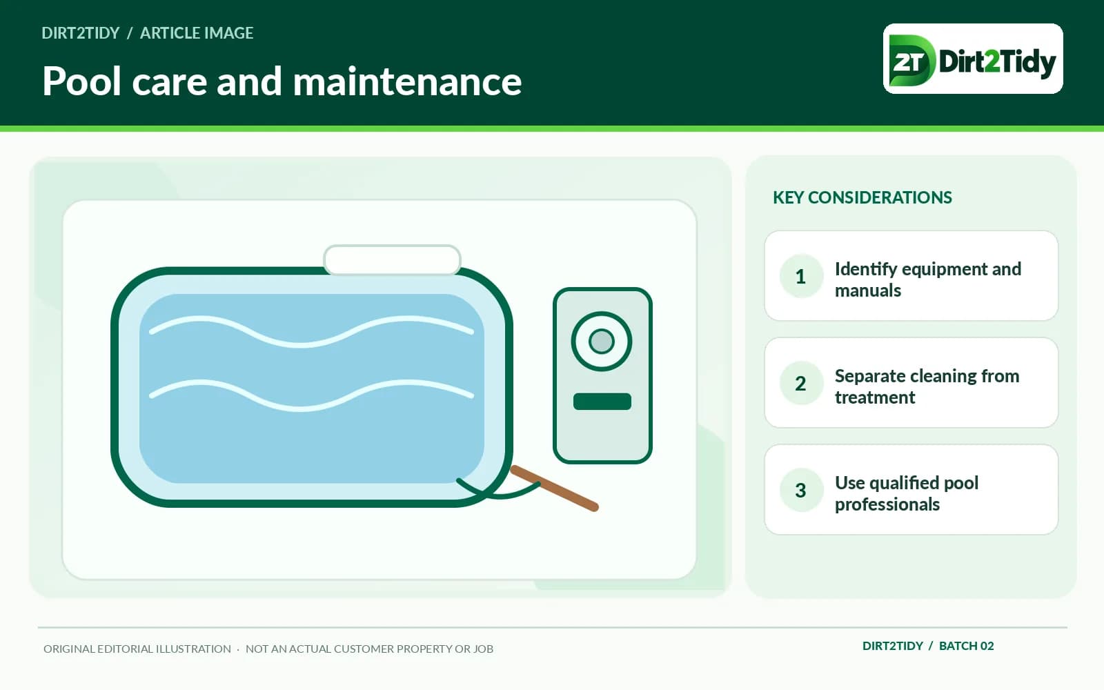 editorial illustration: identify the pool and equipment for pool cleaning and maintenance: use the equipment manuals and qualified advice