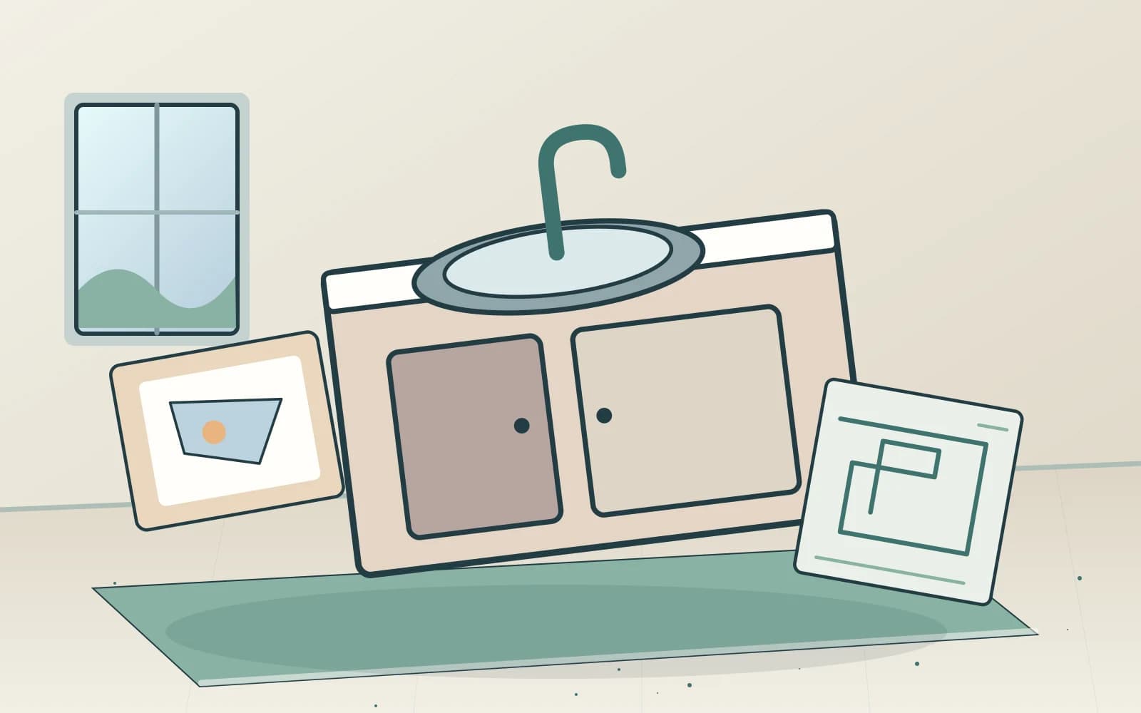 Editorial illustration of a kitchen counter with renovation samples and a plan