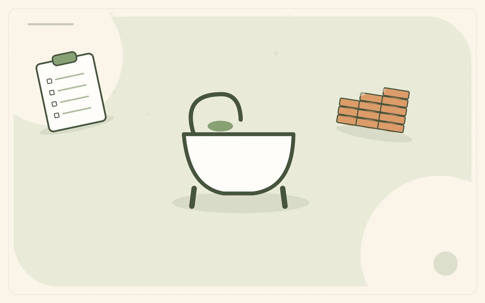 Editorial illustration featuring bath, clipboard, coins for the article “Bathroom Restoration: Define the Scope Before Comparing Quotes”.