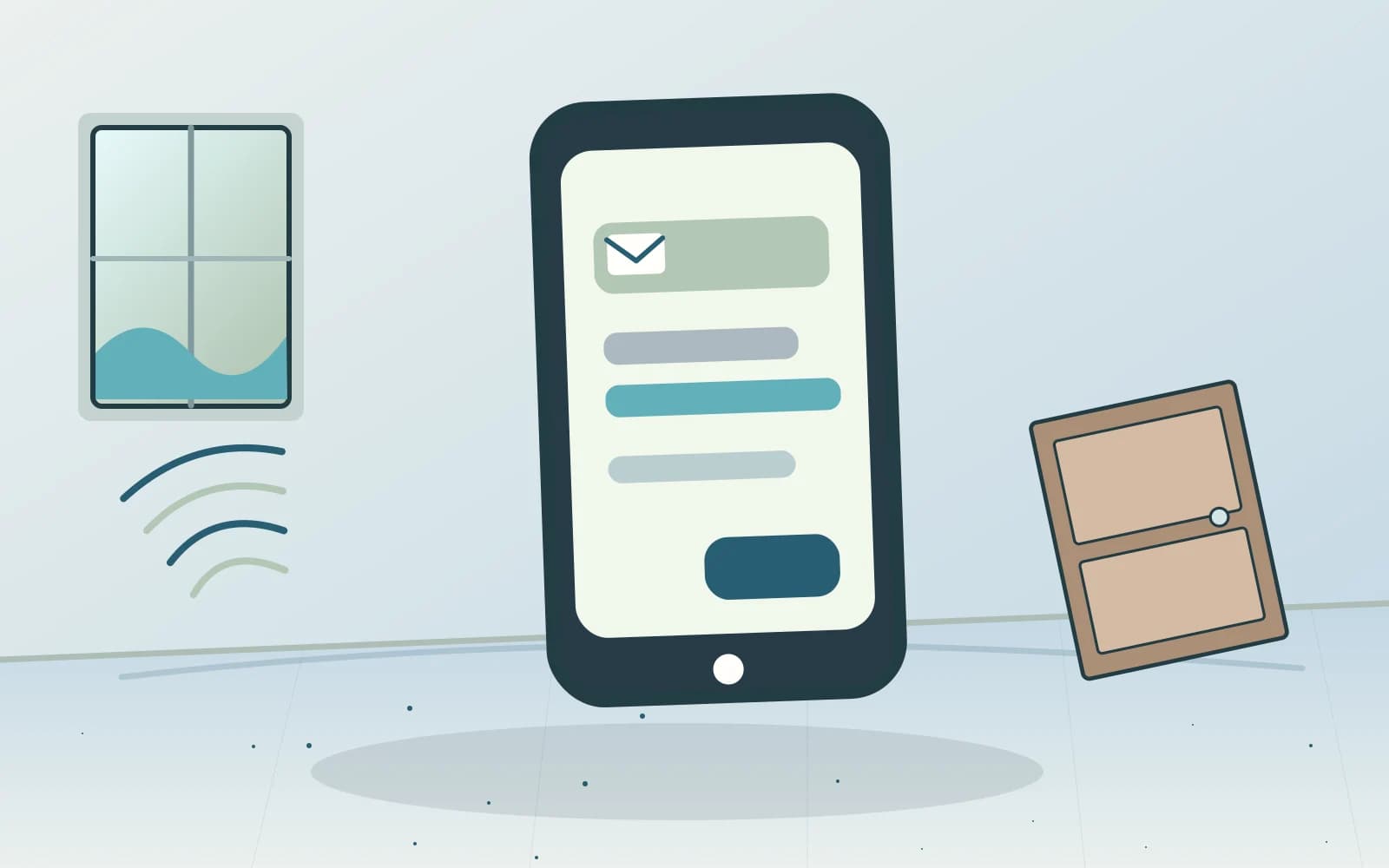 Editorial illustration of a phone with message symbol beside an apartment door