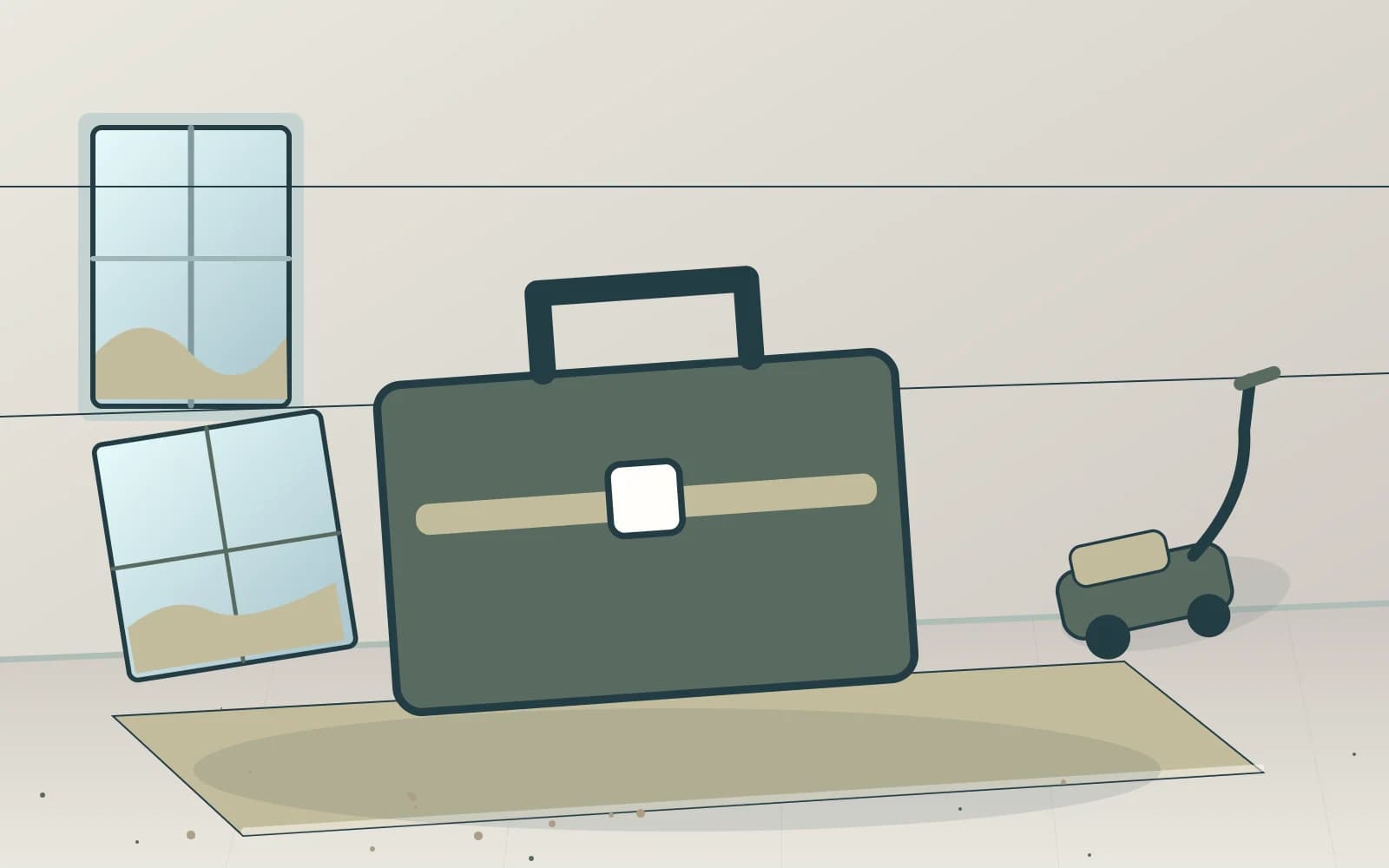 Editorial illustration of a builders-cleaning toolbox with vacuum and window frames