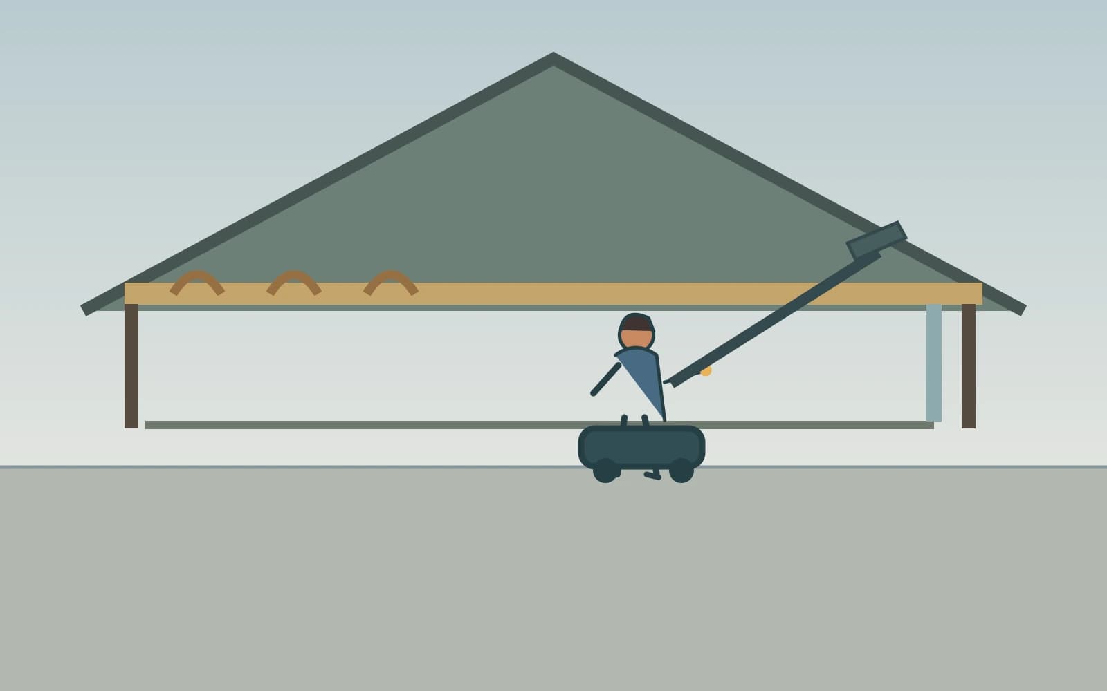 A gutter professional clears winter leaves from an eaves gutter with a ground-operated vacuum pole
