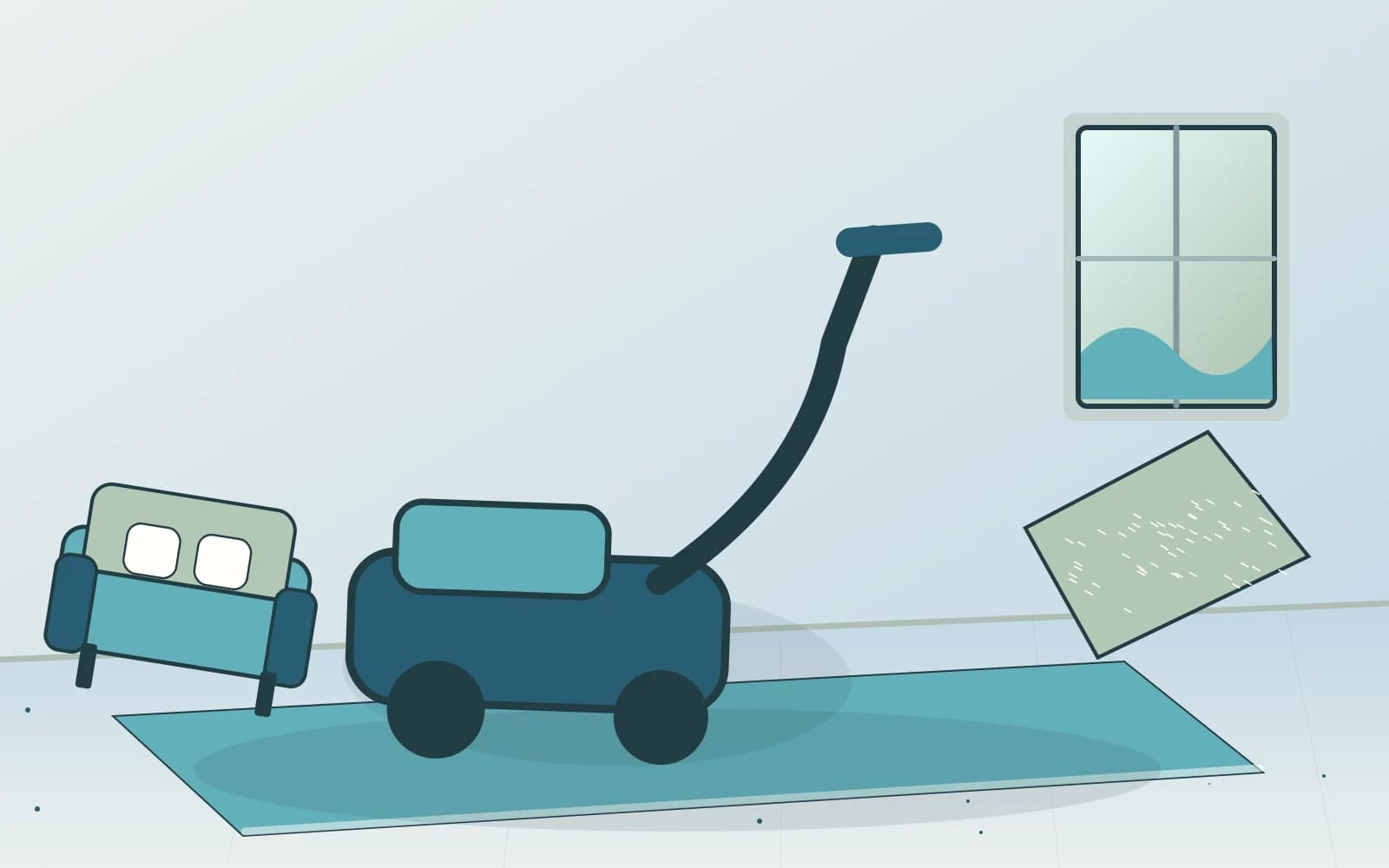 Editorial illustration of a vacuum cleaner beside a sofa and carpet area