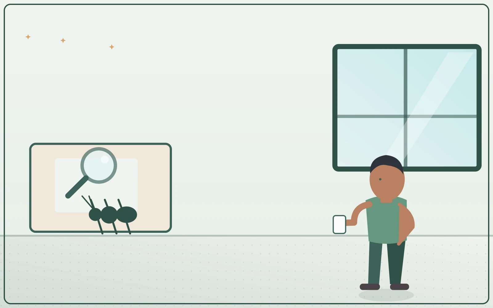 Illustrated pest-inspection scene in a home with safety-first visual guidance