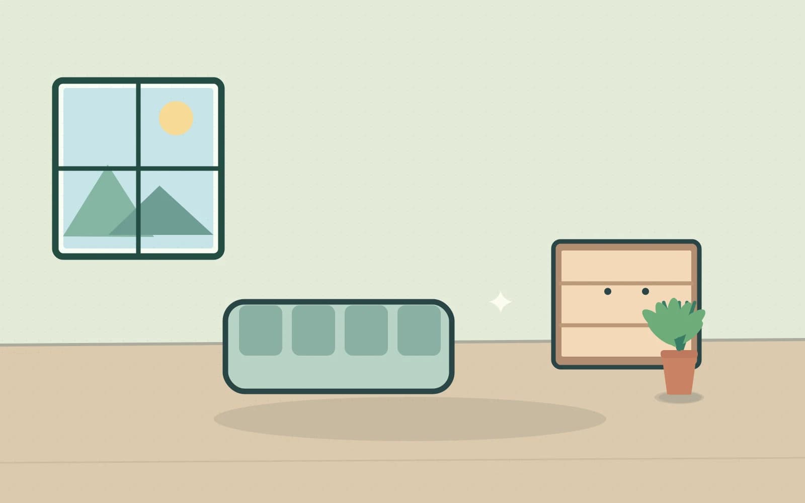 Bright organised living space with room-specific spring-cleaning supplies