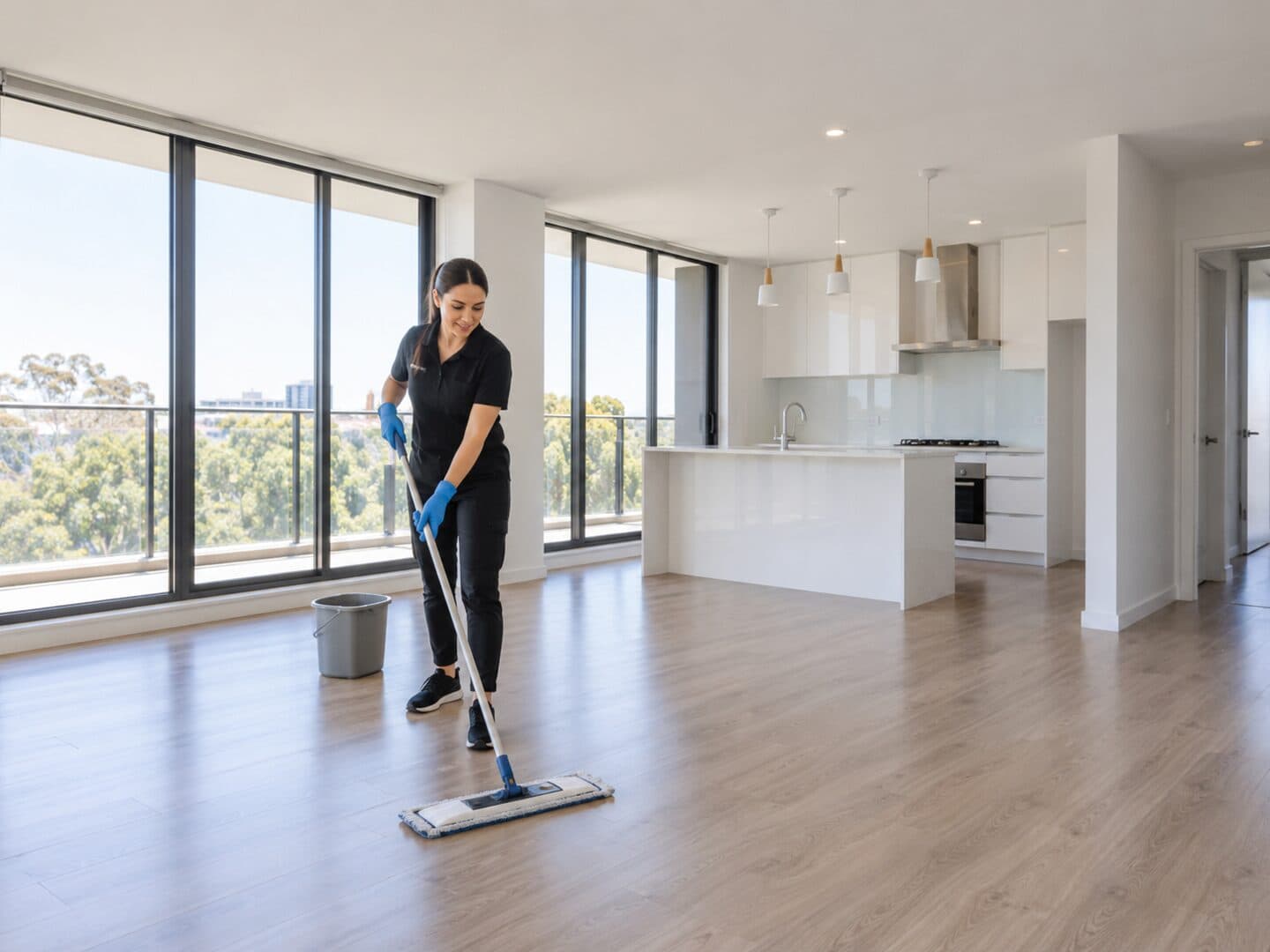 Professional cleaner completing an end of lease clean in an empty Australian rental