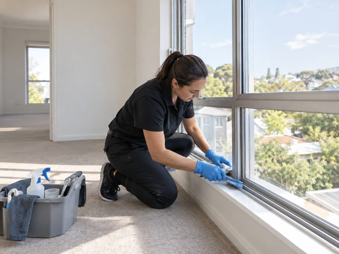 Professional cleaner preparing a rental bathroom for the final inspection