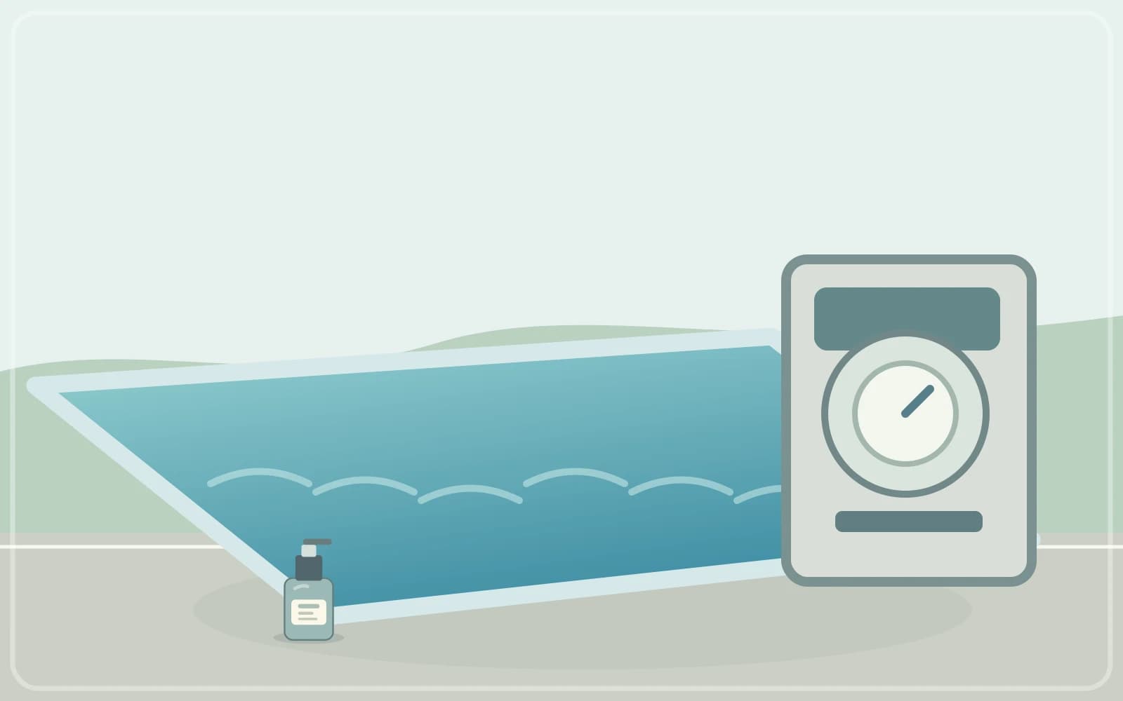 Pool pump, filter gauge and closed maintenance containers beside a safe pool deck