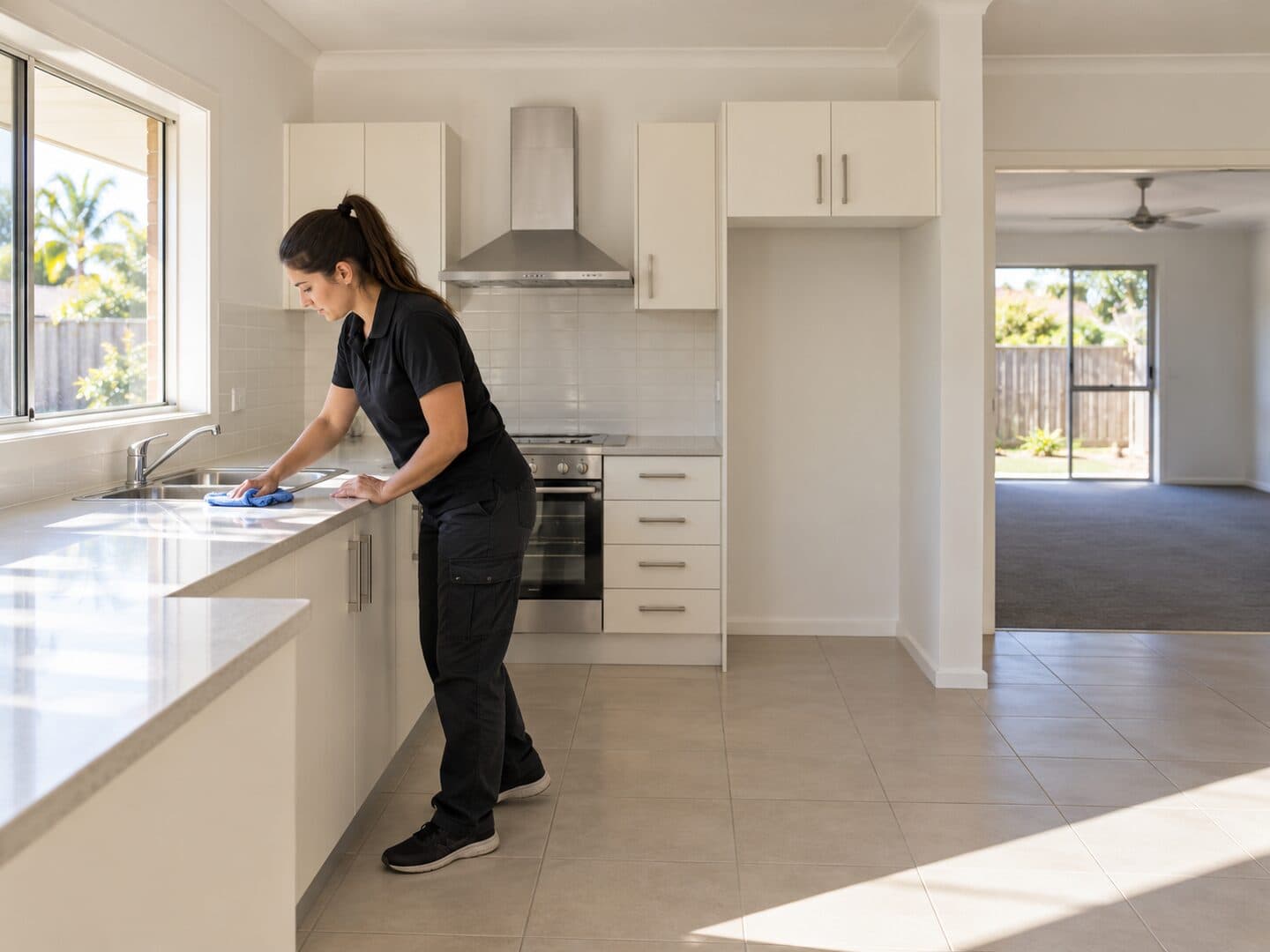 Professional cleaner completing an end of lease clean in an empty Australian rental