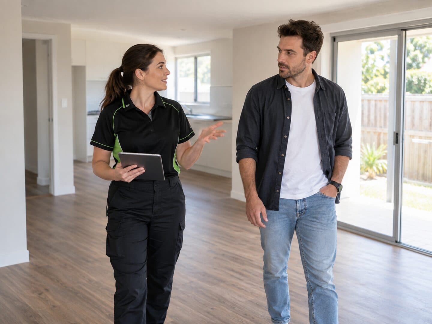 Tenant discussing property access details with an end of lease cleaner