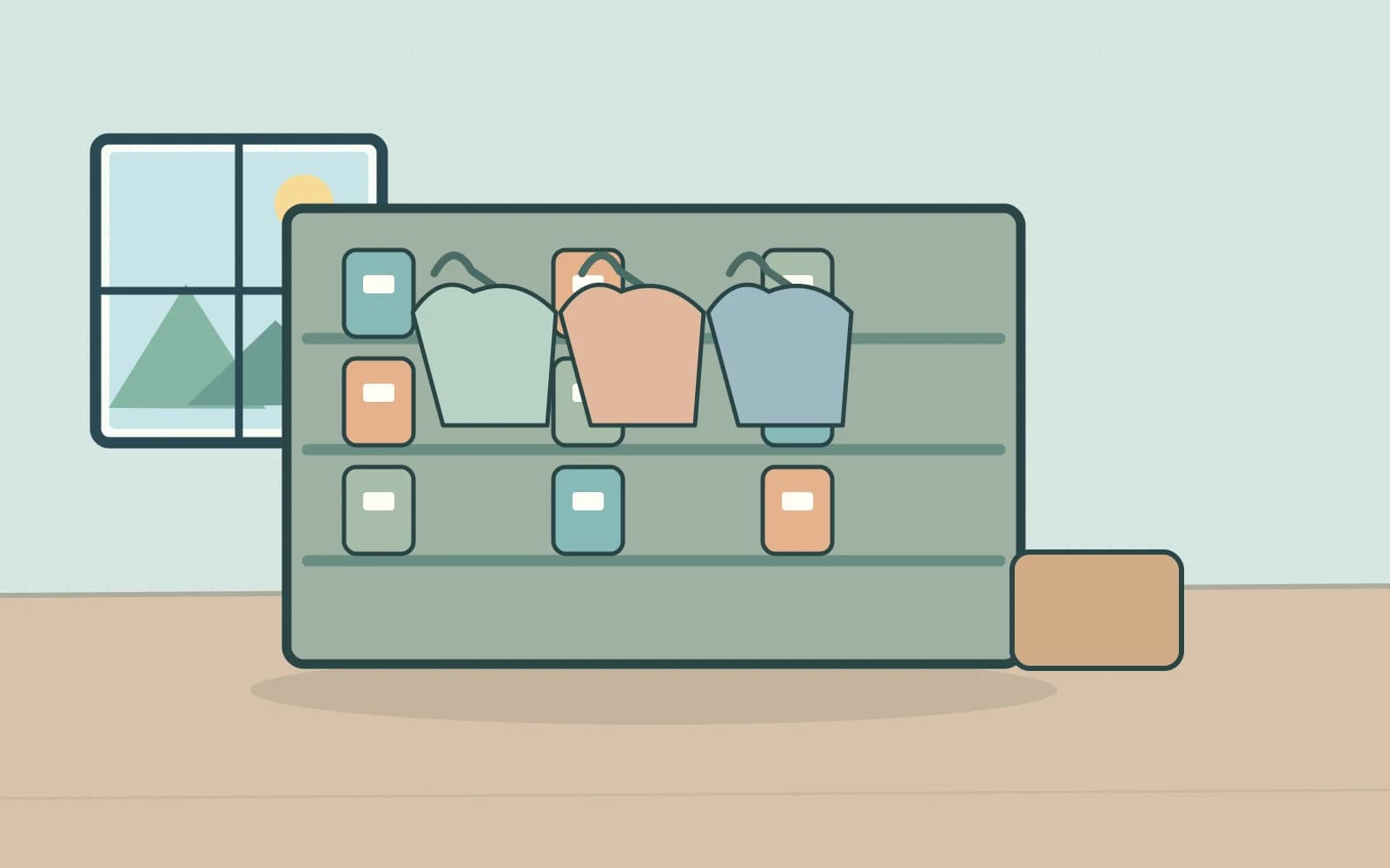 Open wardrobe showing neatly arranged clothes and storage