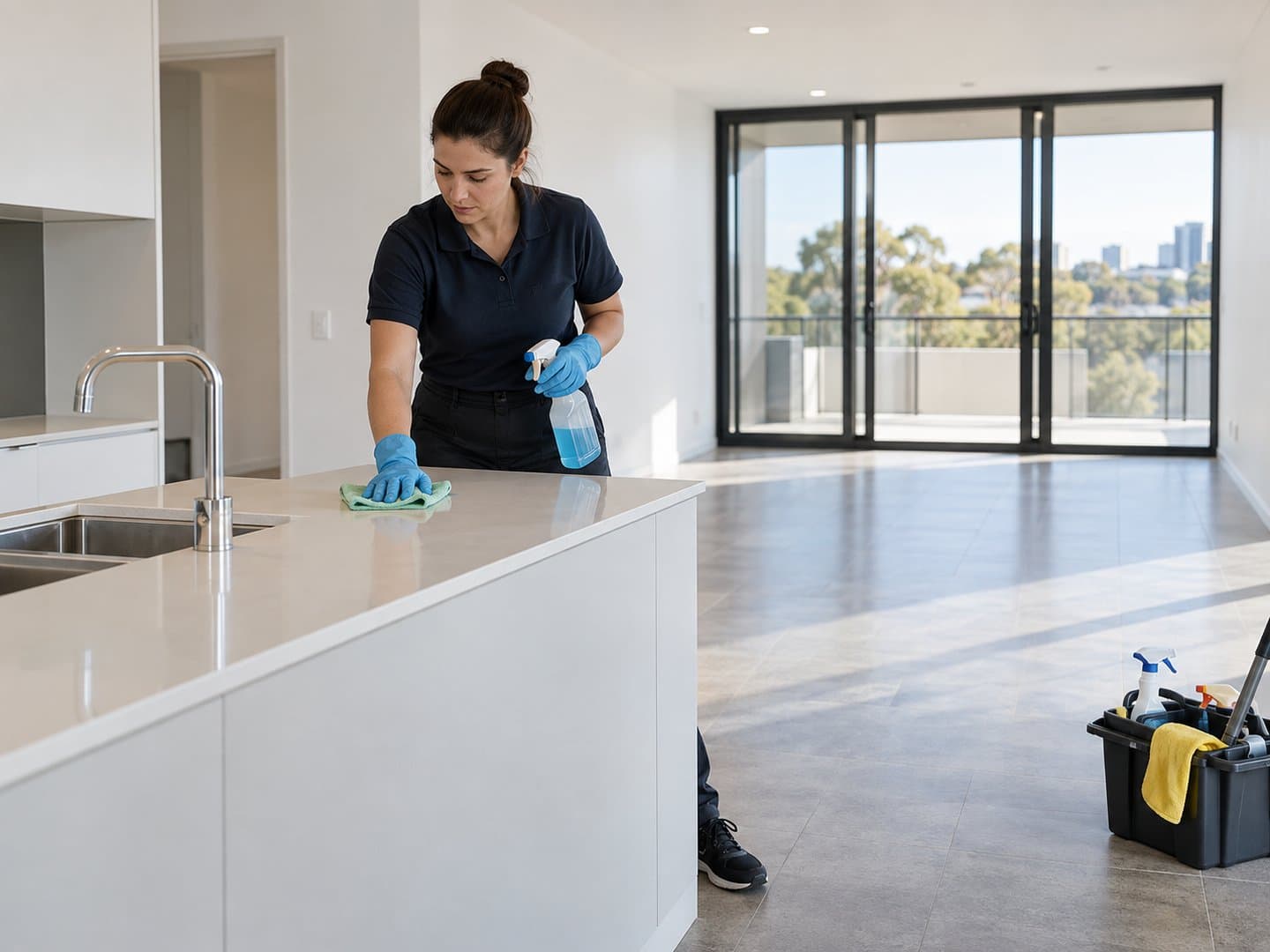 Professional cleaner completing an end of lease clean in an empty Australian rental