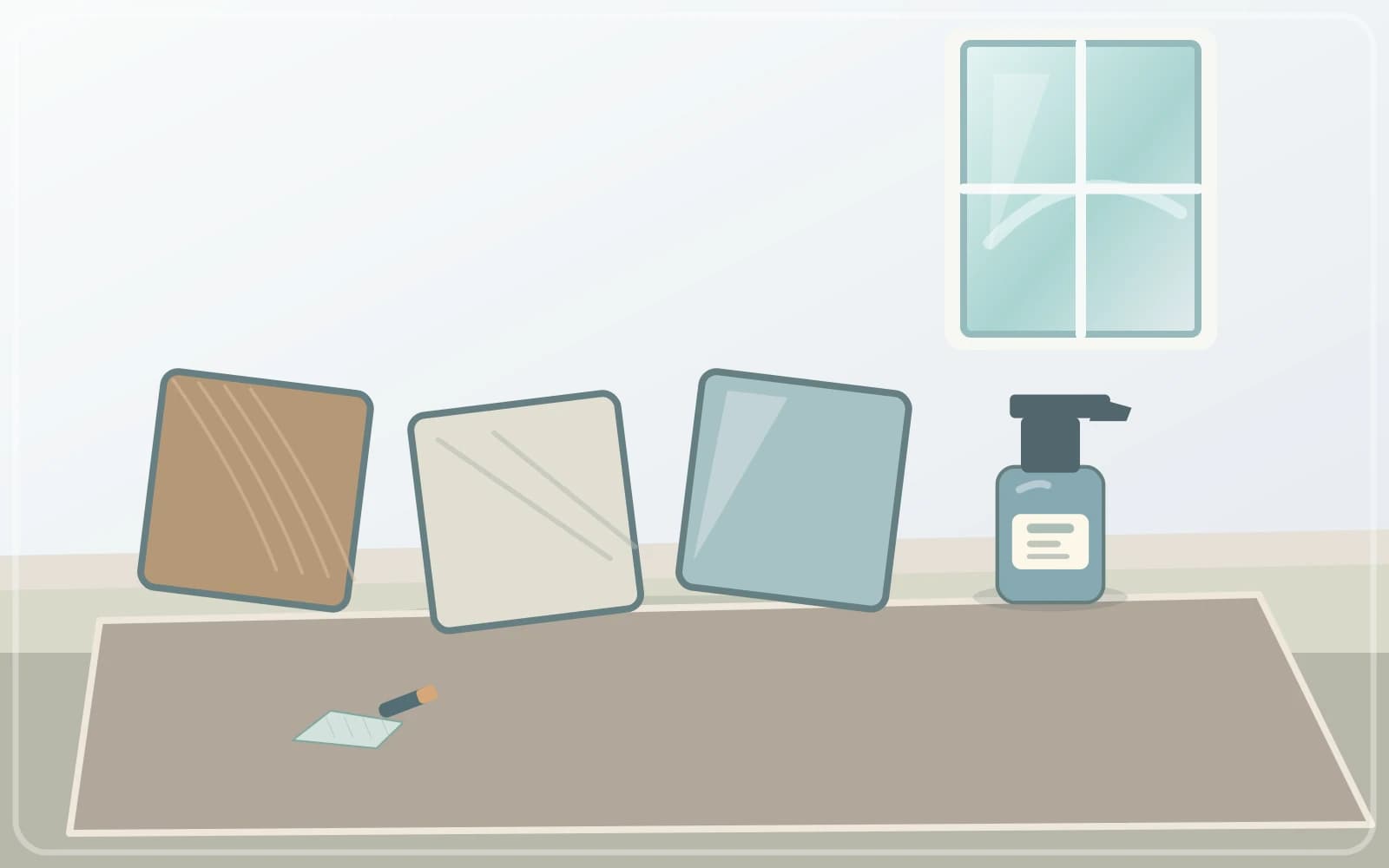 Timber, stone and glass material swatches beside a closed cleaning product