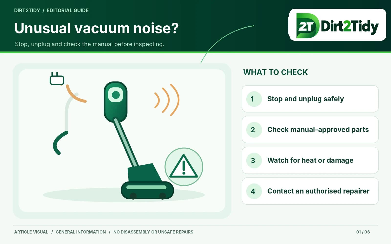 Unplugged vacuum with safe first-check and authorised-repair callouts