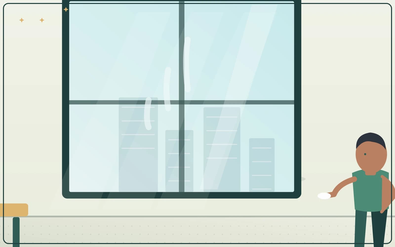 Window glazing with reflections and a cleaner beside it
