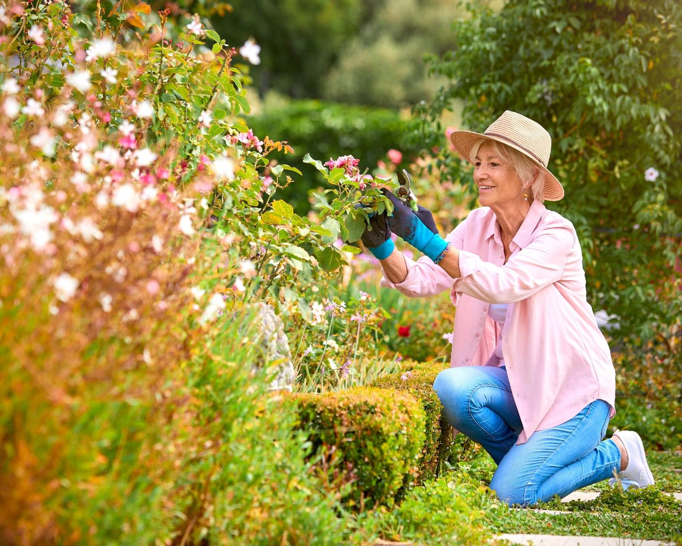 A person kneeling on the ground with a bush

Description automatically generated