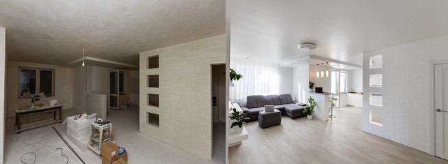 Before and after view of a room undergoing end-of-lease cleaning. The transformation shows a neat and pristine space