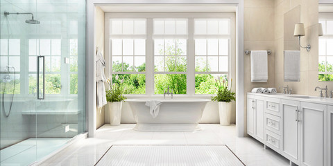 A clean pristine, bathroom with a bathtub and shower, featuring large windows offering a scenic view.