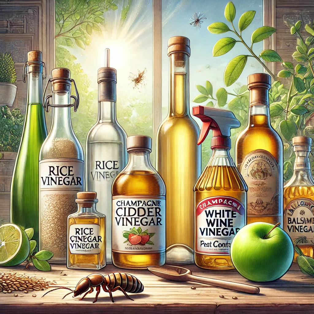 DALL·E 2024 12 24 14.21.19 An artistic illustration of various types of vinegar bottles rice vinegar champagne vinegar apple cider vinegar white wine vinegar and balsamic v