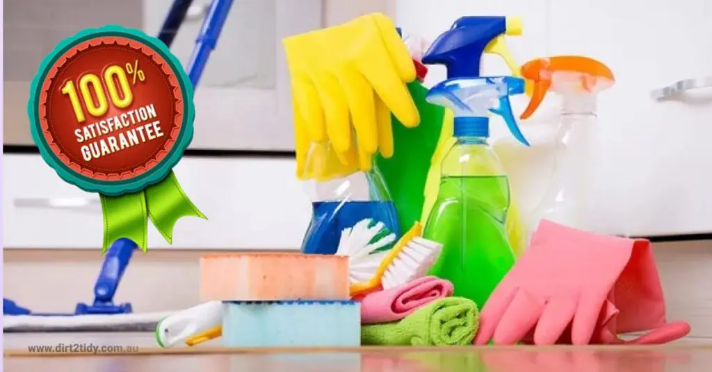 Various cleaning supplies with a 100% satisfaction guarantee badge