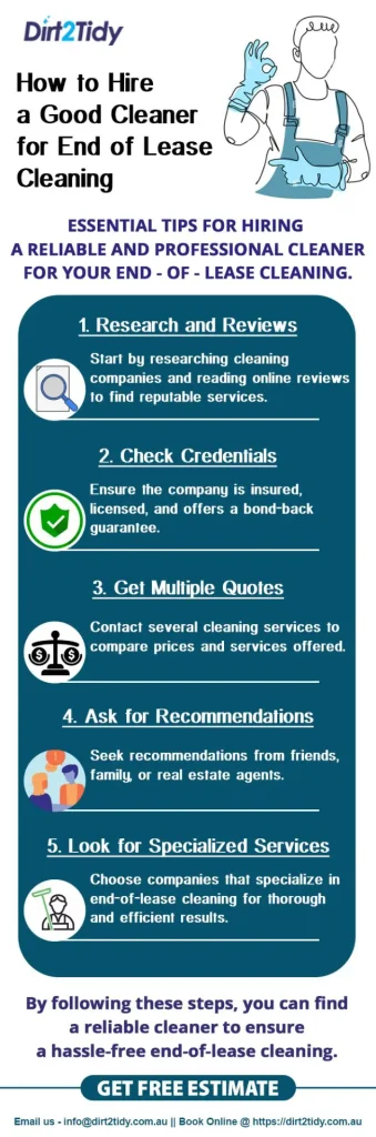 Infographic with tips on hiring a good cleaner for end-of-lease cleaning.