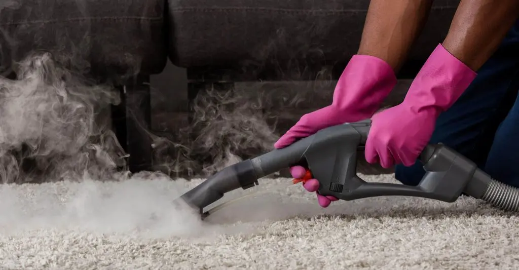A person wearing pink gloves using a steam cleaner to deep clean a carpet with visible steam.