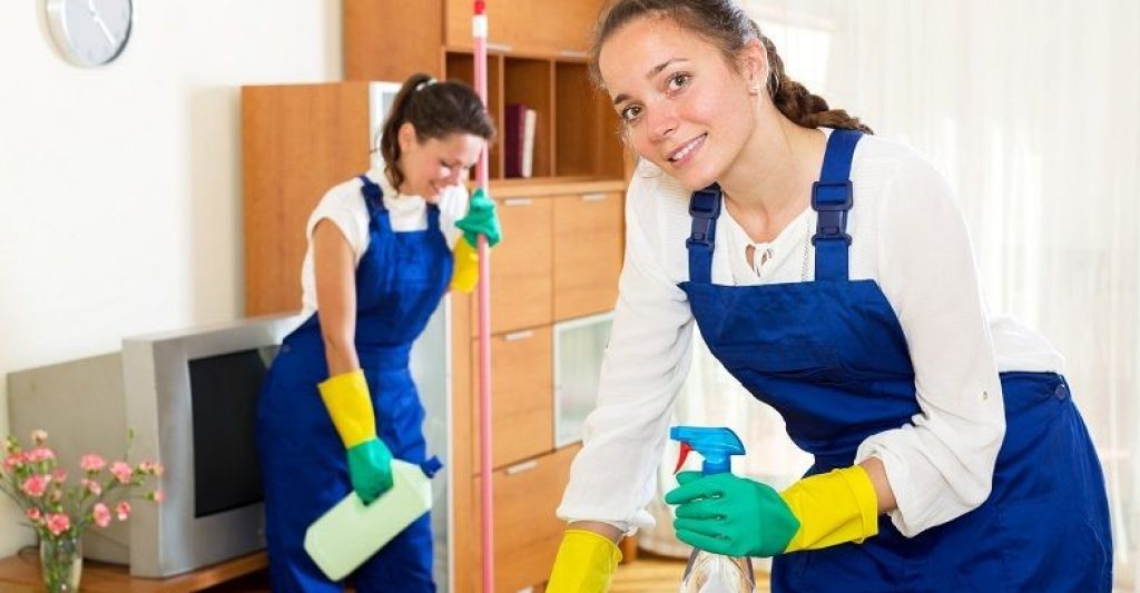 end of lease cleaning in MosmanTwo professional cleaners in blue uniforms smiling while performing end of lease cleaning in a living room.