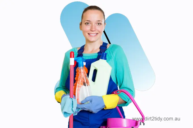 Are End of Lease Cleaning Prices more or less for different types of Homes? 3 Smiling professional cleaner holding various cleaning supplies, ready for service.
