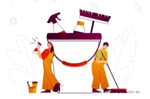 Cartoon-style illustration of two cleaners with a large bucket, mop, and spray bottle – symbolizing comprehensive cleaning services in a creative and modern visual.